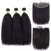 Brazilian Hair Kinky Straight Hair 3 Bundles With a Pre Plucked Ear To Ear Lace Frontal